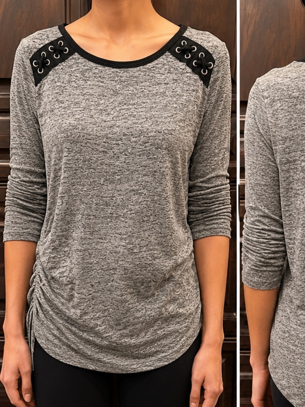 Olivia BLU Gray Lace-Up Shoulder 3/4 Sleeve Women's Top LARGE